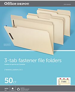 Office Depot Brand Reinforced Manila Folder With 2 Embossed Fasteners, 1/3-Cut Tabs, Letter Size, Box Of 50
