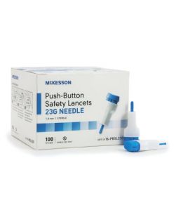 Safety Lancet McKesson Fixed Depth Lancet Needle 1.8 mm Depth 23 Gauge Push Button Activated  (100/BX 20BX/CS)