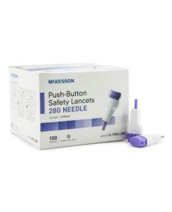 Safety Lancet McKesson Fixed Depth Lancet Needle 1.5 mm Depth 28 Gauge Push Button Activated (100/BX 20BX/CS)
