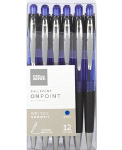 OFFICE DEPOT SOFT-GRIP RETRACTABLE BALLPOINT PENS, MEDIUM POINT, 1.0MM, BLUE BARREL, BLUE INK, PACK OF 12 