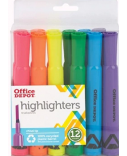 OFFICE DEPOT BRAND CHISEL-TIP HIGHLIGHTER, ASSORTED FLUORESCENT COLORS, PACK OF 12 