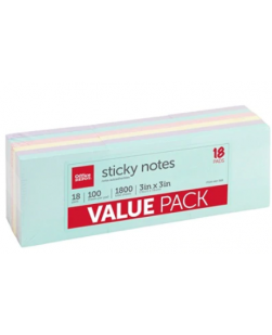 OFFICE DEPOT BRAND STICKY NOTES VALUE PACK, 3X3, ASSORTED PASTEL COLORS, 100 SHEETS PER PAD, PACK OF 18