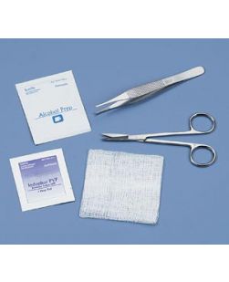 Suture Removal Kit Contains: 1 Iris Scissors, Straight, 4½; 1 Adson Serrated Forceps, 4¾; 1 Large Alcohol Prep Pad; 1 Iodophor PVP Prep Pad; 1 3 x 3 12-ply Gauze Dressing, Sterile, 50/cs