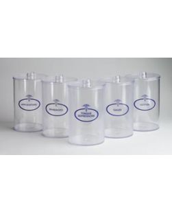 Clear Plastic Sundry Jars, Blue Imprint, Plastic Lids, 6½H x 4¼Dia, 5/cs