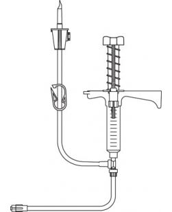 Fluid Dispensing System, 10cc Luer Lock Syringe, Adjustable Automatic Spring Return, 41 Vented Transfer Set, Dual Check Valve, 40 Extension Set with Distal Luer Lock Connector, DEHP & Latex Free (LF), 10/cs