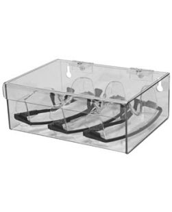 Eyewear Dispenser, Hinged Lid Top, Holds up to 6 pr of Safety Glasses, Keyholes For Wall Mounting, Clear PETG Plastic, 9¼W x 3 7/16H x 6 15/16D, 6/cs (Made in USA)