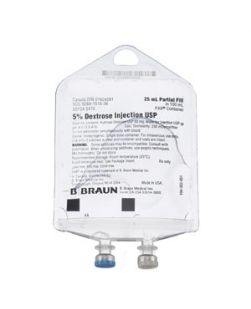 Dextrose Injections, 5%, 25/100mL, PAB® Containers (Rx), 116/cs (Product on Vendor Allocation - Shortage - Contact us for Availability) **Temporarily Unavailable for Sale**