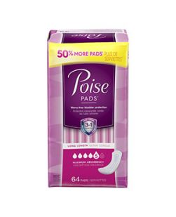 Poise Pads, Maximum Absorbency, Long, 64/pk, 2 pk/cs