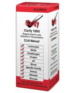 Clarify Urine Reagent Strips, 10SG, CLIA Waived, Visual Read Only, Tests for: Leukocytes, Nitrite, Urobilinogen, Protein, pH, Blood, Specific Gravity, Ketone, Bilirubin, & Glucose, 100 strips/bx