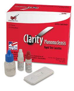 Clarity Mononucleosis Cassettes, CLIA Waived, Whole Blood Only, Includes: Mono Test Cassettes, Developer Solution, Sample Transfer Tubes, Positive Control, Negative Control, Package insert, 15/bx